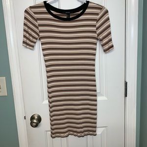 black, white, and tan striped fitted dress